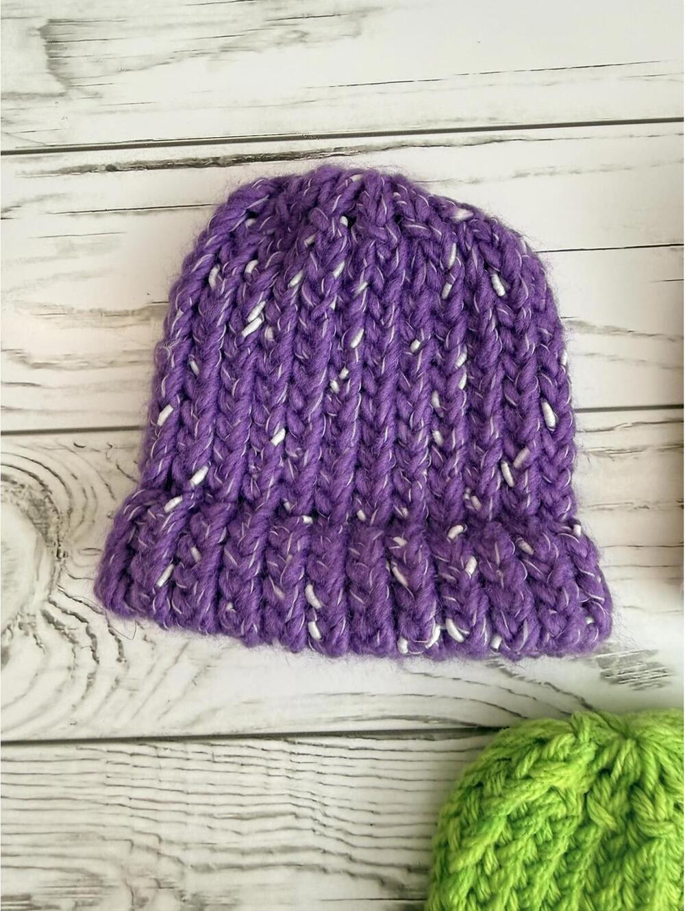 Hand Knit Baby Beanie Hats Lot of 3 Purple Green Multicolor Winter Infant - Picture 2 of 11